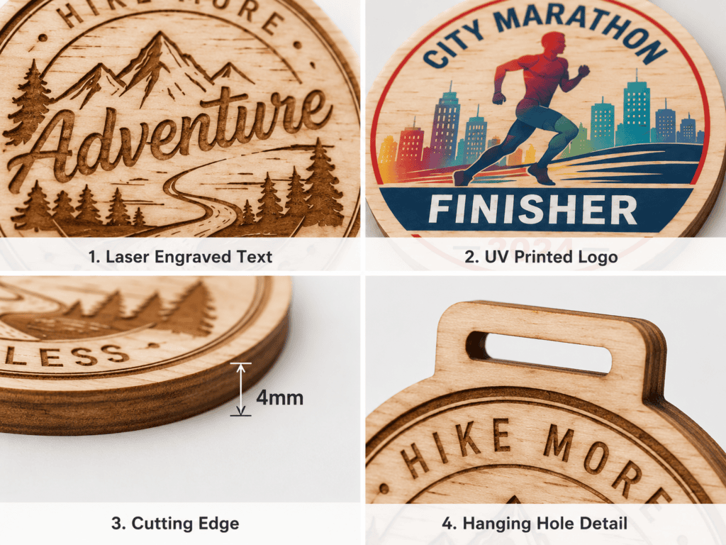 Laser engraved and UV printed wooden medal details