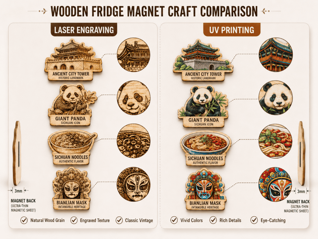 Laser engraved versus UV printed wooden refrigerator magnets