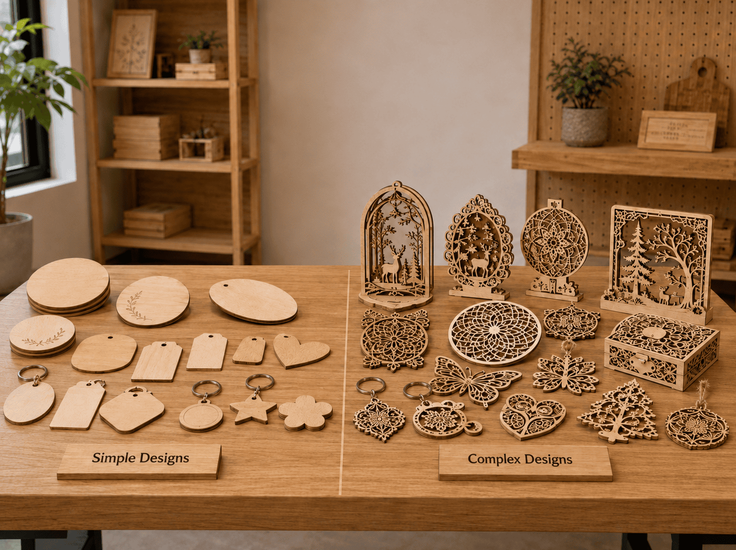 Simple versus complex laser cutting designs for custom wooden crafts