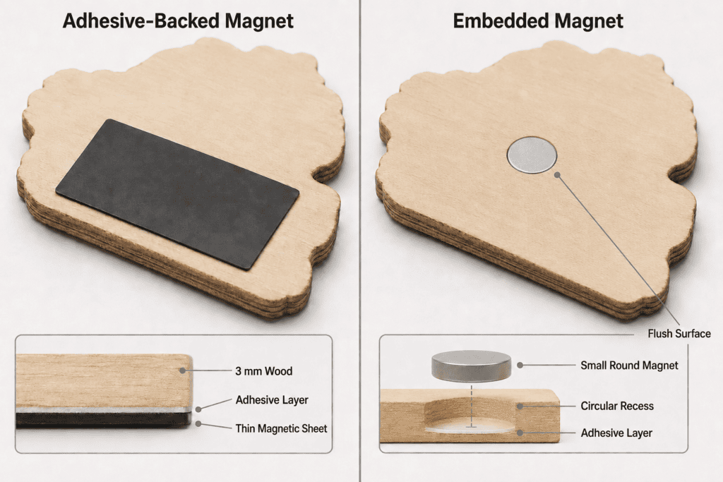 Adhesive magnetic sheet and recessed round magnet structures for wooden fridge magnets