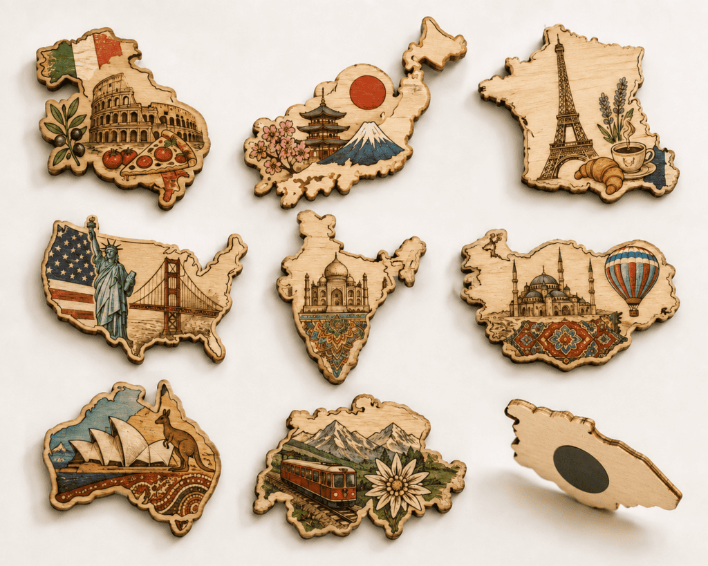 Wooden refrigerator magnets for tourism souvenir and gift markets